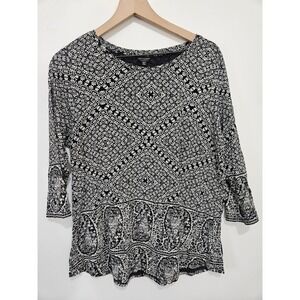 Lucky Brand Womens 1X Black‎ White Paisley Medallion Print 3/4 Sleeve Boho Top